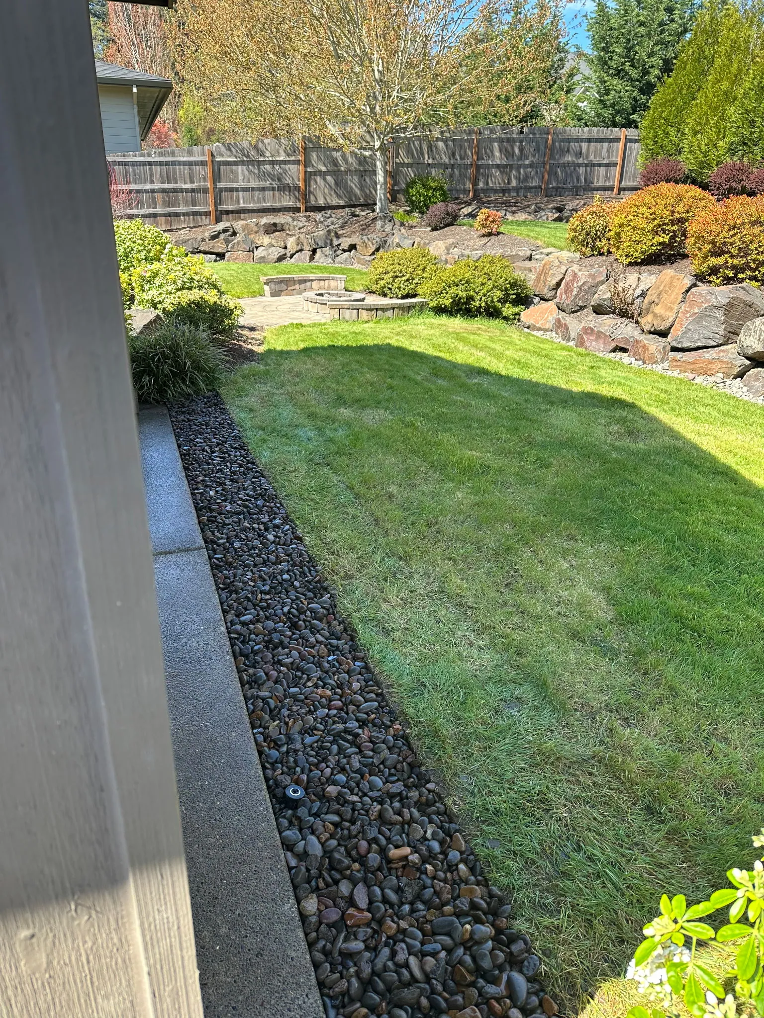 Finished drain rock strip along the foundation with the lawn put back